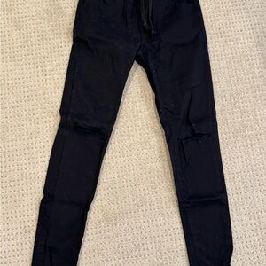 SO PERLA Women's Black Solid Distressed Drawstring Skinny Jogger Pants, Medium